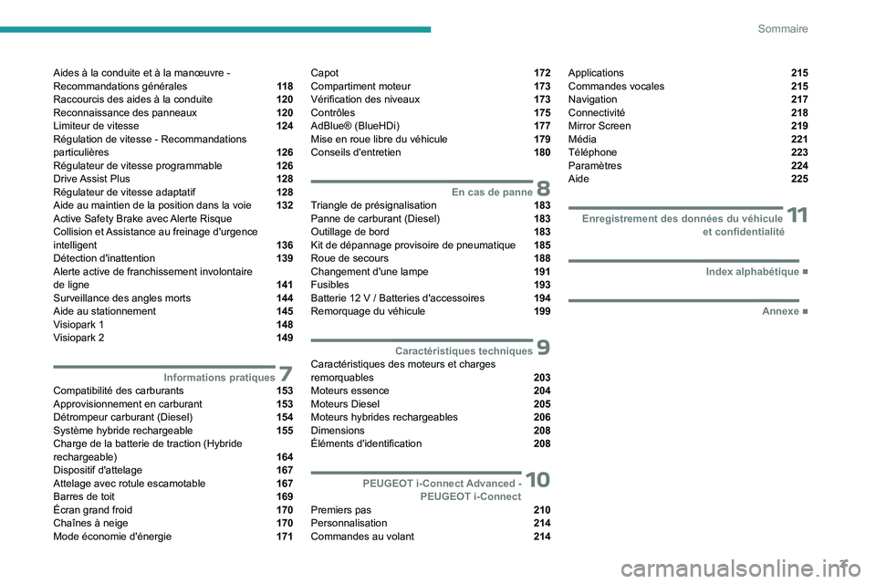 PEUGEOT 508 2023  Manuel du propriétaire (in French) 3
Sommaire
Aides à la conduite et à la manœuvre - 
Recommandations générales  11 8
Raccourcis des aides à la conduite  120
Reconnaissance des panneaux  120
Limiteur de vitesse  124
Régulation d