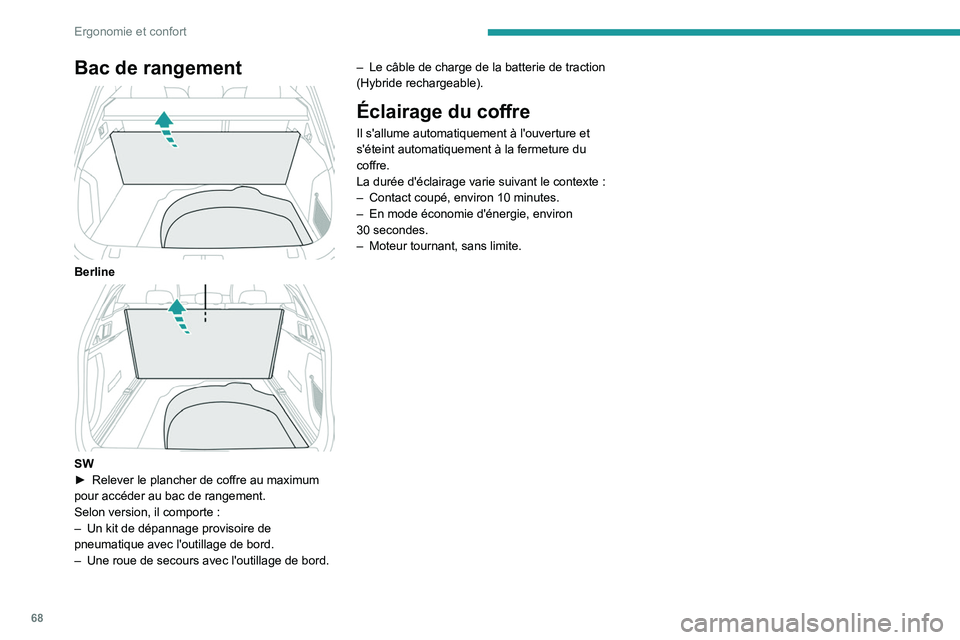 PEUGEOT 508 2023  Manuel du propriétaire (in French) 68
Ergonomie et confort
Bac de rangement 
 
Berline 
 
SW
► Relever le plancher de coffre au maximum 
pour accéder au bac de rangement.
Selon version, il comporte
  :
–
 
Un kit de dépannage pro