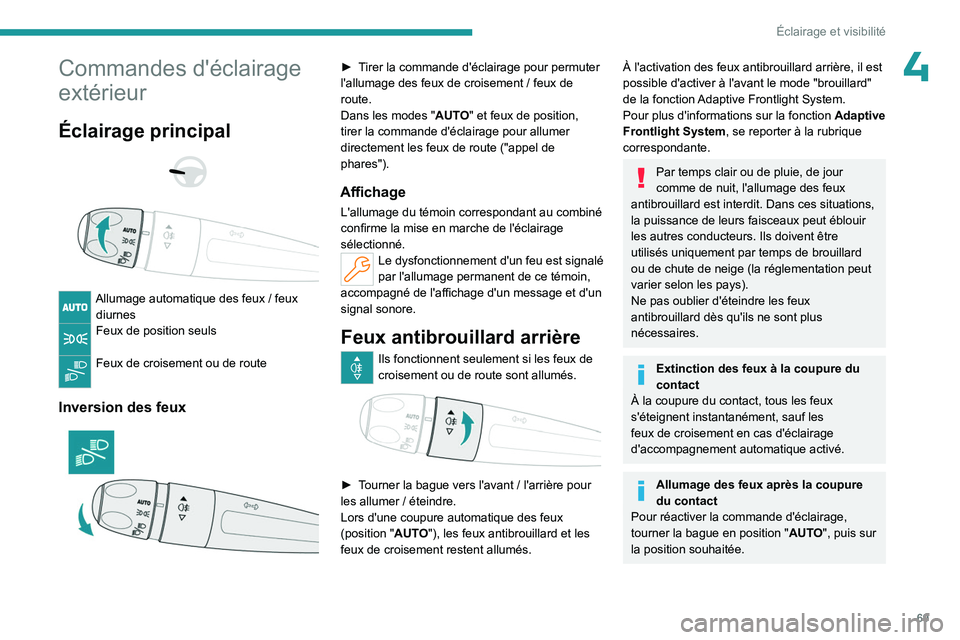 PEUGEOT 508 2023  Manuel du propriétaire (in French) 69
Éclairage et visibilité
4Commandes d'éclairage 
extérieur
Éclairage principal 
 
 
 
Allumage automatique des feux / feux 
diurnes
Feux de position seuls 
Feux de croisement ou de route 
I