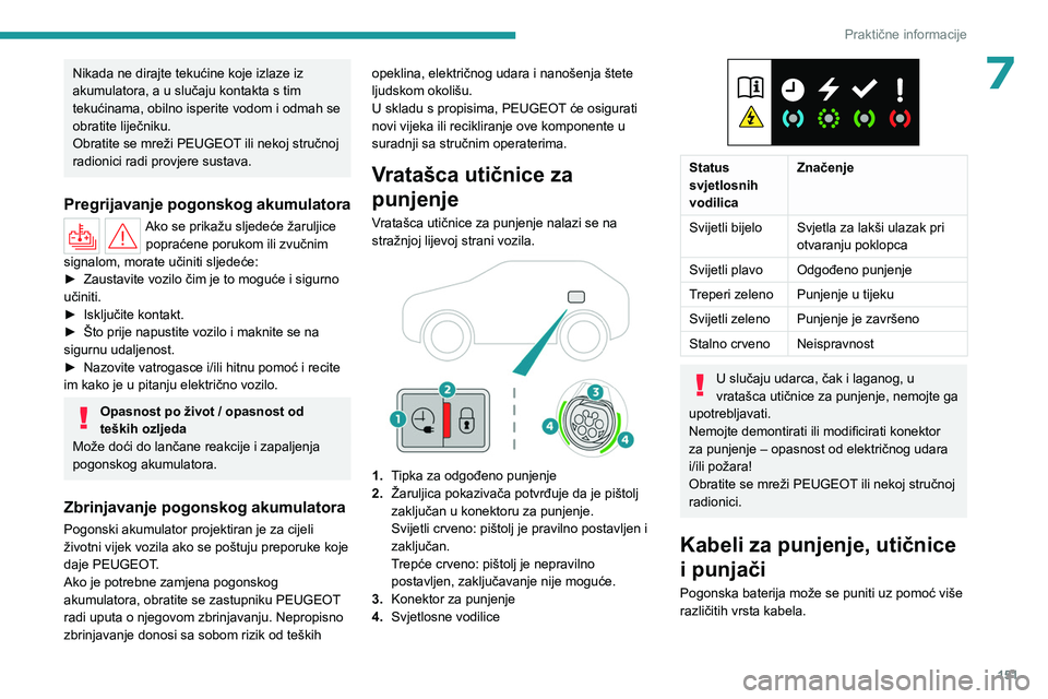 PEUGEOT 508 2023  Upute Za Rukovanje (in Croatian) 151
Praktične informacije
7Nikada ne dirajte tekućine koje izlaze iz 
akumulatora, a u slučaju kontakta s tim 
tekućinama, obilno isperite vodom i odmah se 
obratite liječniku.
Obratite se mreži