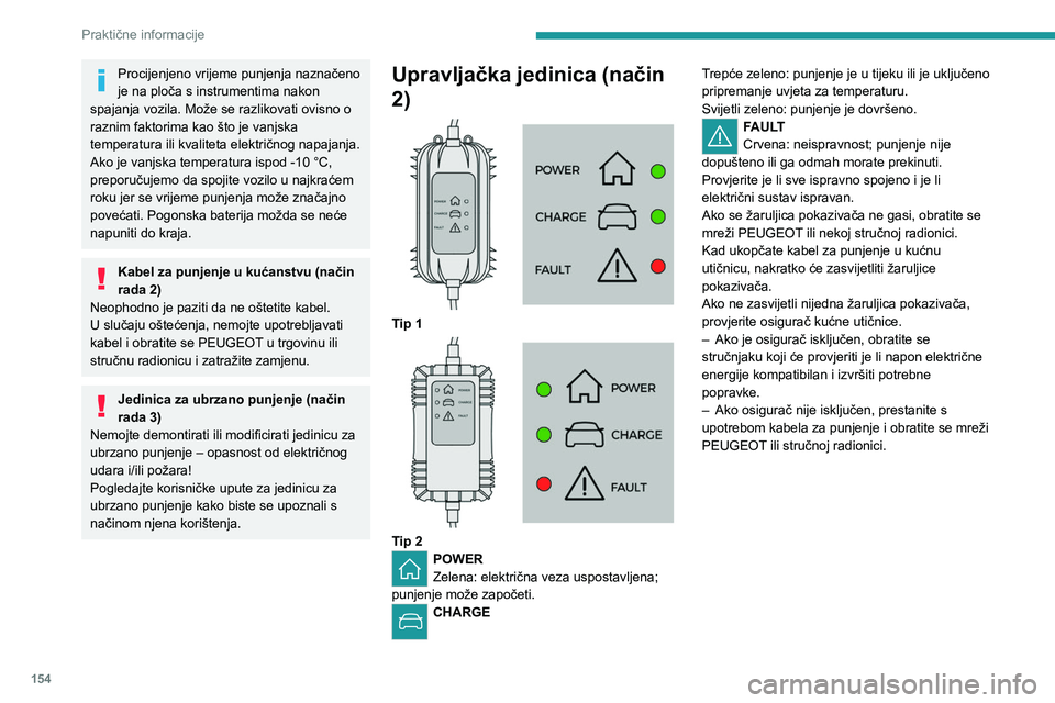 PEUGEOT 508 2023  Upute Za Rukovanje (in Croatian) 154
Praktične informacije
Procijenjeno vrijeme punjenja naznačeno 
je na ploča s instrumentima nakon 
spajanja vozila. Može se razlikovati ovisno o 
raznim faktorima kao što je vanjska 
temperatu