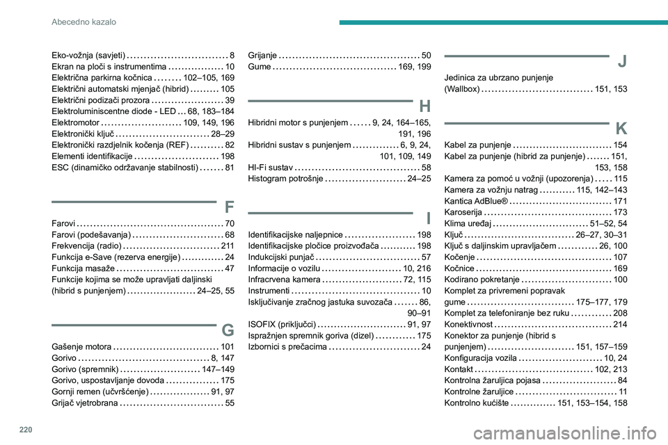 PEUGEOT 508 2023  Upute Za Rukovanje (in Croatian) 220
Abecedno kazalo
Eko-vožnja (savjeti)     8
Ekran na ploči s instrumentima     
10
Električna parkirna kočnica
    
102–105, 169
Električni automatski mjenjač (hibrid)
    
105
Električni 