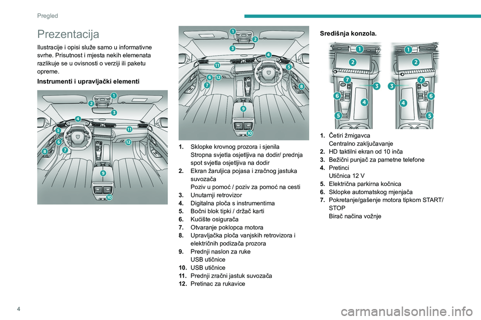 PEUGEOT 508 2023  Upute Za Rukovanje (in Croatian) 4
Pregled
Prezentacija
Ilustracije i opisi služe samo u informativne 
svrhe. Prisutnost i mjesta nekih elemenata 
razlikuje se u ovisnosti o verziji ili paketu 
opreme.
Instrumenti i upravljački ele