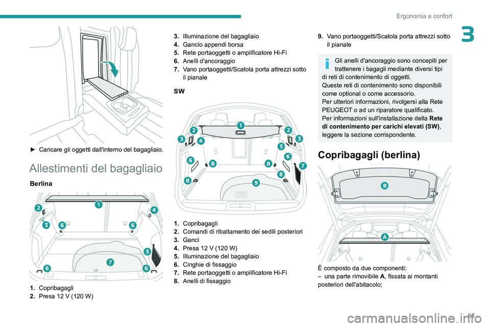 PEUGEOT 508 2023  Manuale duso (in Italian) 65
Ergonomia e confort
3
 
► Caricare gli oggetti dall'interno del bagagliaio.
Allestimenti del bagagliaio
Berlina 
 
1.Copribagagli
2. Presa 12
  V (120   W) 3.
Illuminazione del bagagliaio
4. 