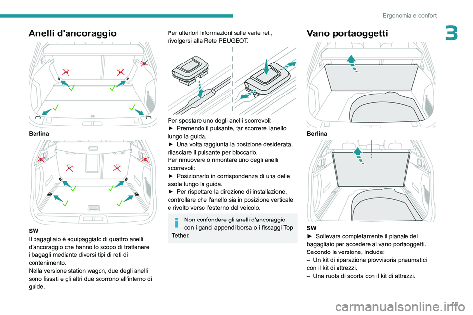 PEUGEOT 508 2023  Manuale duso (in Italian) 69
Ergonomia e confort
3Anelli d'ancoraggio 
 
Berlina 
 
SW
Il bagagliaio è equipaggiato di quattro anelli 
d'ancoraggio che hanno lo scopo di trattenere 
i bagagli mediante diversi tipi di 
