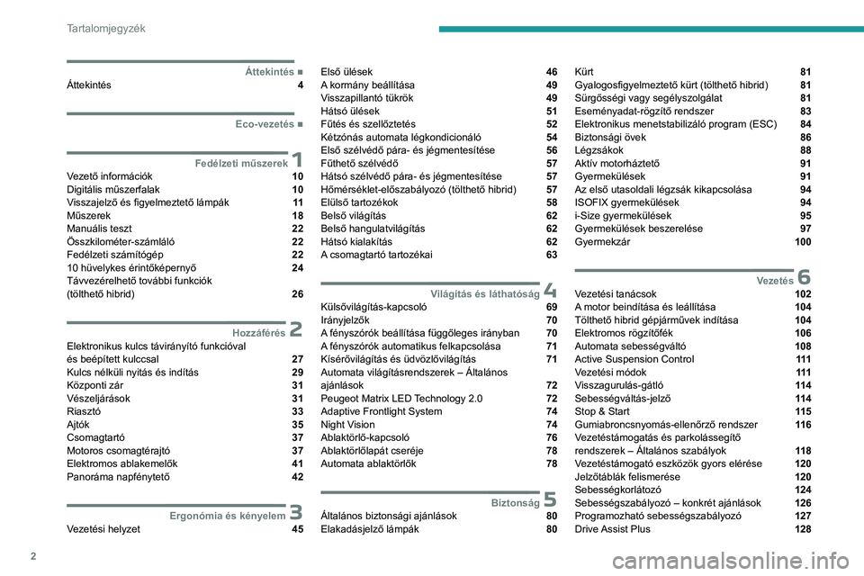 PEUGEOT 508 2023  Kezelési útmutató (in Hungarian) 2
Tartalomjegyzék
  ■
ÁttekintésÁttekintés  4
  ■
Eco-vezetés
 1Fedélzeti műszerekVezető információk  10
Digitális műszerfalak  10
Visszajelző és figyelmeztető lámpák  11
M
