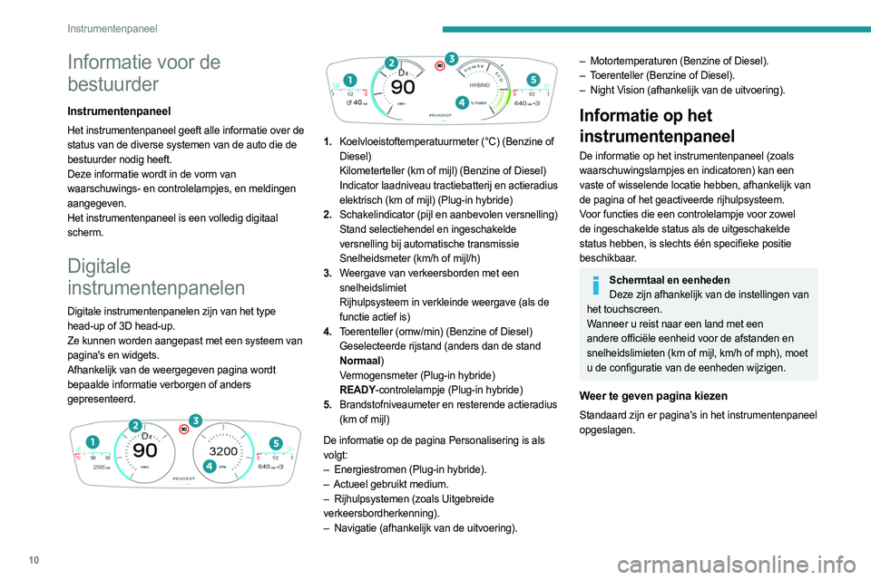 PEUGEOT 508 2023 Instructieboekje (in Dutch) 10
Instrumentenpaneel
Informatie voor de
bestuurder
Instrumentenpaneel
Het instrumentenpaneel geeft alle informatie over de
status van de diverse systemen van de auto die de
bestuurder nodig heeft. PEUGEOT 508 2023 Instructieboekje (in Dutch) 10
Instrumentenpaneel
Informatie voor de
bestuurder
Instrumentenpaneel
Het instrumentenpaneel geeft alle informatie over de
status van de diverse systemen van de auto die de
bestuurder nodig heeft.