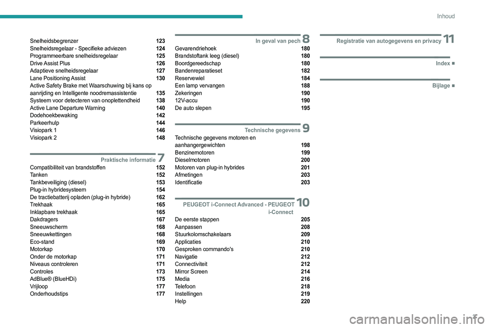 PEUGEOT 508 2023  Instructieboekje (in Dutch) 3
Inhoud
Snelheidsbegrenzer  123
Snelheidsregelaar - Specifieke adviezen  124
Programmeerbare snelheidsregelaar  125
Drive Assist  Plus  126
Adaptieve snelheidsregelaar  127
Lane  Positioning Assist  