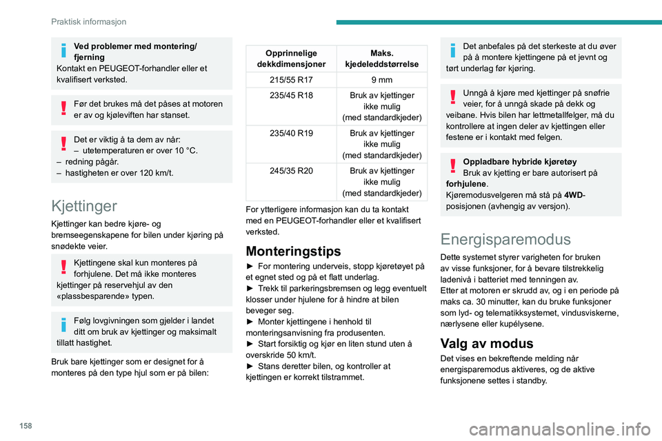 PEUGEOT 508 2023  Instruksjoner for bruk (in Norwegian) 158
Praktisk informasjon
Ved problemer med montering/
fjerning
Kontakt en PEUGEOT-forhandler eller et 
kvalifisert verksted.
Før det brukes må det påses at motoren 
er av og kjøleviften har stanse