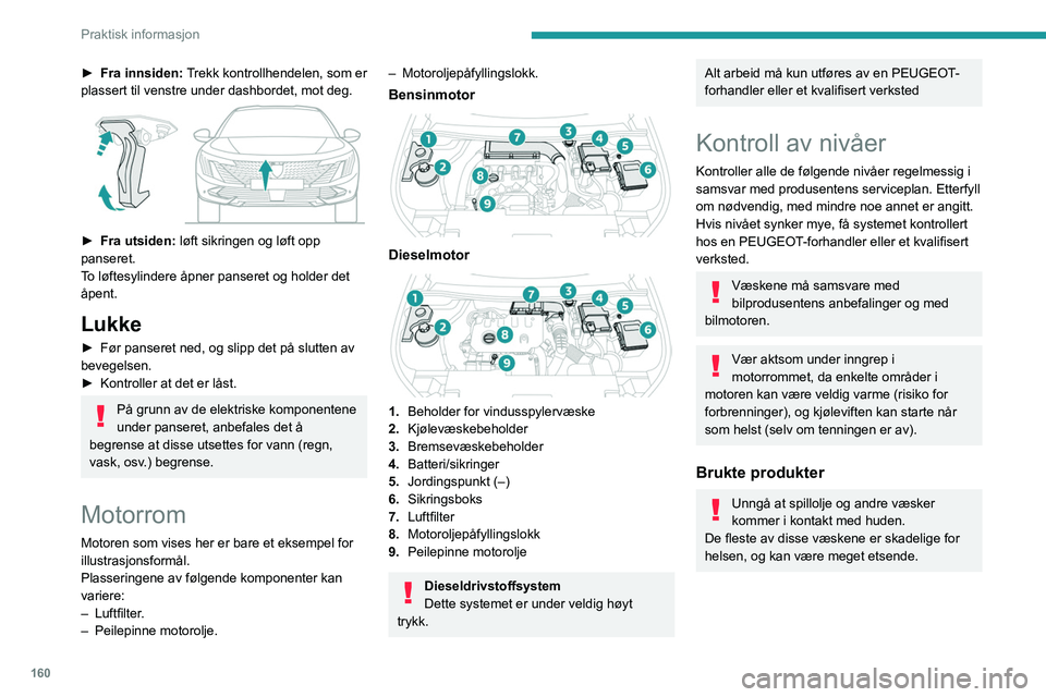 PEUGEOT 508 2023 Instruksjoner for bruk (in Norwegian) 160
Praktisk informasjon
► Fra innsiden: Trekk kontrollhendelen, som er
plassert til venstre under dashbordet, mot deg.
► Fra utsiden: løft sikringen og løft opp
panseret.
To løftesylin PEUGEOT 508 2023 Instruksjoner for bruk (in Norwegian) 160
Praktisk informasjon
► Fra innsiden: Trekk kontrollhendelen, som er
plassert til venstre under dashbordet, mot deg.
► Fra utsiden: løft sikringen og løft opp
panseret.
To løftesylin