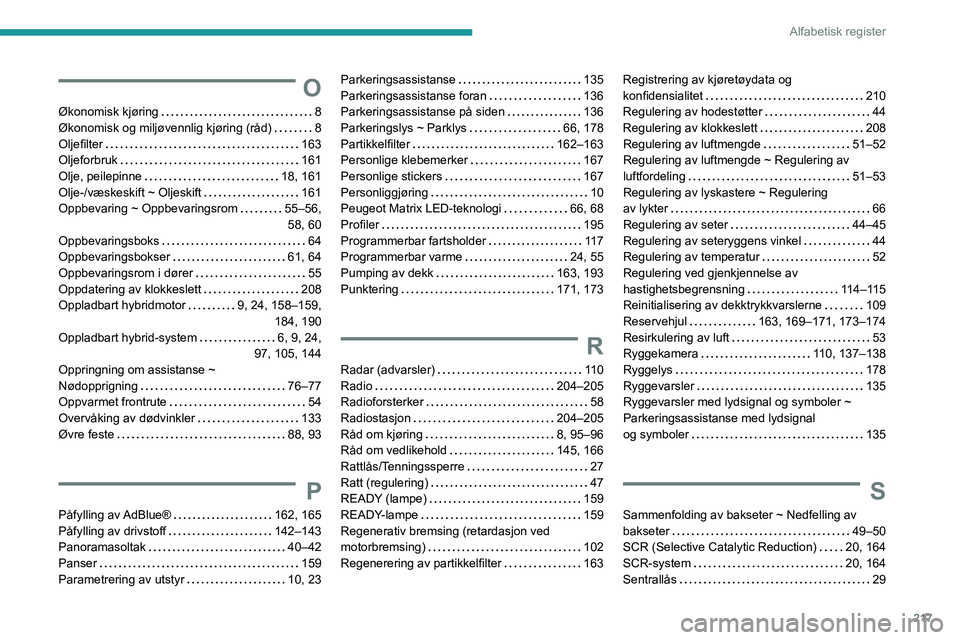 PEUGEOT 508 2023 Instruksjoner for bruk (in Norwegian) 217
Alfabetisk register
O
Økonomisk kjøring 8
Økonomisk og miljøvennlig kjøring (råd)
8
Oljefilter
163
Oljeforbruk
161
Olje, peilepinne
18, 161
Olje-/væskeskift ~ Oljesk PEUGEOT 508 2023 Instruksjoner for bruk (in Norwegian) 217
Alfabetisk register
O
Økonomisk kjøring 8
Økonomisk og miljøvennlig kjøring (råd)
8
Oljefilter
163
Oljeforbruk
161
Olje, peilepinne
18, 161
Olje-/væskeskift ~ Oljesk