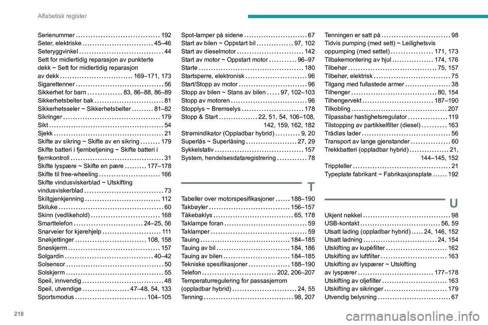 PEUGEOT 508 2023 Instruksjoner for bruk (in Norwegian) 218
Alfabetisk register
Serienummer 192
Seter, elektriske
45–46
Seteryggvinkel
44
Sett for midlertidig reparasjon av punkterte
dekk ~ Sett for midlertidig reparasjon
av dekk
1 PEUGEOT 508 2023 Instruksjoner for bruk (in Norwegian) 218
Alfabetisk register
Serienummer 192
Seter, elektriske
45–46
Seteryggvinkel
44
Sett for midlertidig reparasjon av punkterte
dekk ~ Sett for midlertidig reparasjon
av dekk
1