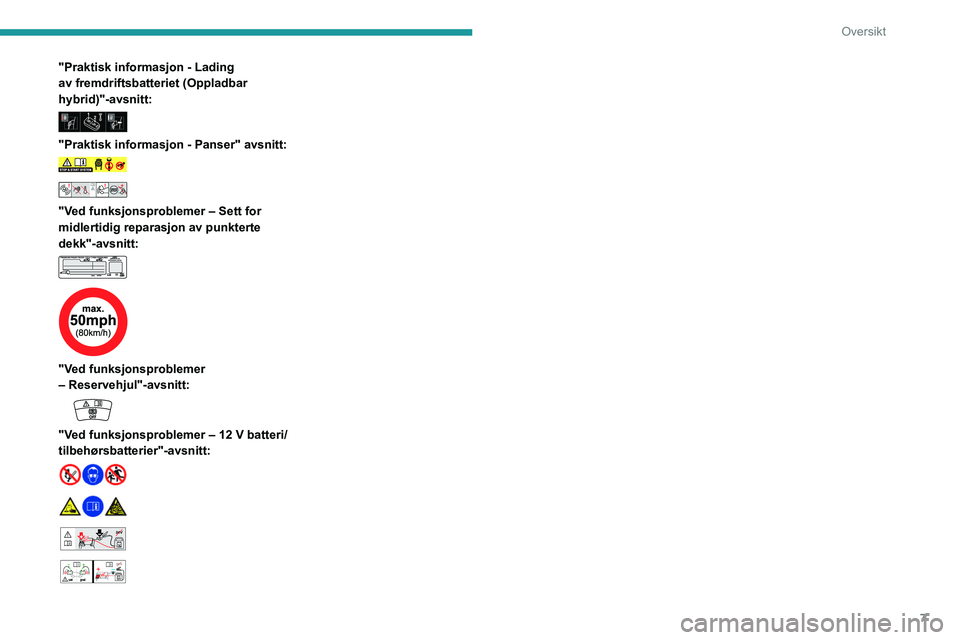 PEUGEOT 508 2023  Instruksjoner for bruk (in Norwegian) 7
Oversikt
"Praktisk informasjon - Lading 
av fremdriftsbatteriet (Oppladbar 
hybrid)"-avsnitt:
 
 
"Praktisk informasjon - Panser" avsnitt:  
 
 
"Ved funksjonsproblemer – Sett 