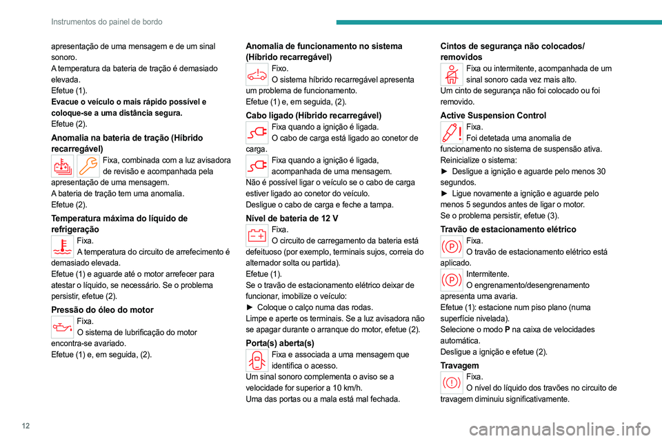 PEUGEOT 508 2023 Manual de utilização (in Portuguese) 12
Instrumentos do painel de bordo
apresentação de uma mensagem e de um sinal
sonoro.
A temperatura da bateria de tração é demasiado
elevada.
Efetue (1).
Evacue o veículo o mais rápido possí PEUGEOT 508 2023 Manual de utilização (in Portuguese) 12
Instrumentos do painel de bordo
apresentação de uma mensagem e de um sinal
sonoro.
A temperatura da bateria de tração é demasiado
elevada.
Efetue (1).
Evacue o veículo o mais rápido possí