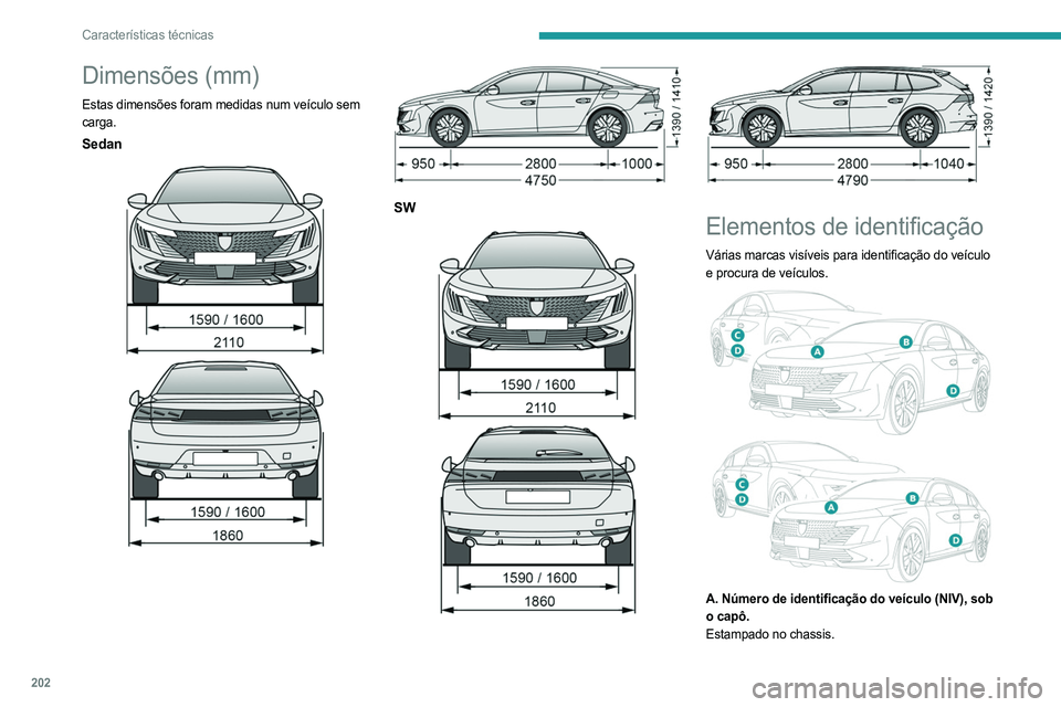 PEUGEOT 508 2023 Manual de utilização (in Portuguese) 202
Características técnicas
Dimensões (mm)
Estas dimensões foram medidas num veículo sem
carga.
Sedan
SW
Elementos de identificação
Várias marcas visíveis para identificação PEUGEOT 508 2023 Manual de utilização (in Portuguese) 202
Características técnicas
Dimensões (mm)
Estas dimensões foram medidas num veículo sem
carga.
Sedan
SW
Elementos de identificação
Várias marcas visíveis para identificação