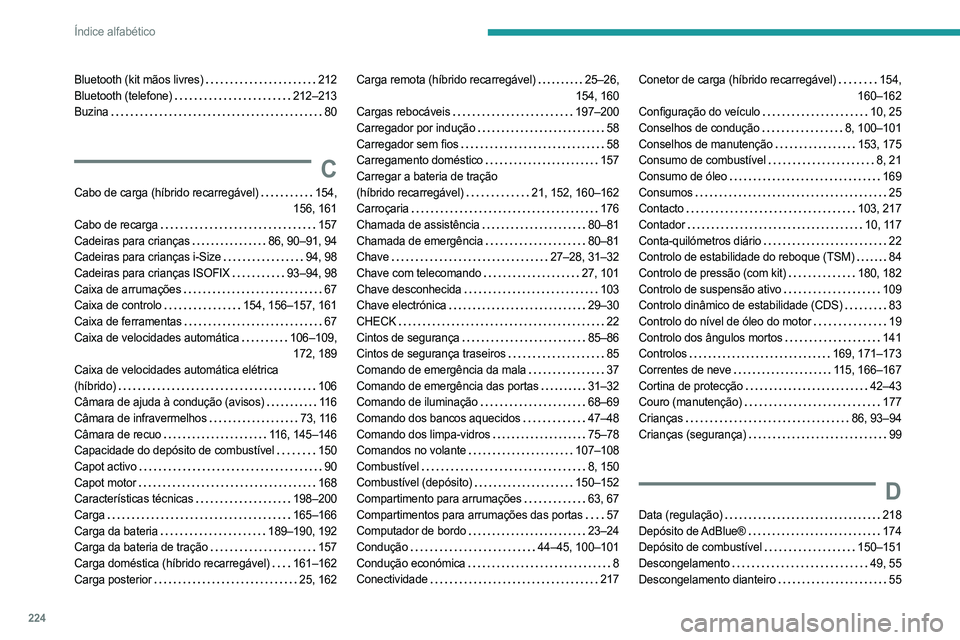PEUGEOT 508 2023 Manual de utilização (in Portuguese) 224
Índice alfabético
Bluetooth (kit mãos livres) 212
Bluetooth (telefone)
212–213
Buzina
80
C
Cabo de carga (híbrido recarregável) 154,
156, 161
Cabo de recarga
157
Cade PEUGEOT 508 2023 Manual de utilização (in Portuguese) 224
Índice alfabético
Bluetooth (kit mãos livres) 212
Bluetooth (telefone)
212–213
Buzina
80
C
Cabo de carga (híbrido recarregável) 154,
156, 161
Cabo de recarga
157
Cade