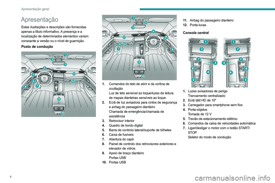 PEUGEOT 508 2023 Manual de utilização (in Portuguese) 4
Apresentação geral
Apresentação
Estas ilustrações e descrições são fornecidas
apenas a título informativo. A presença e a
localização de determinados elementos variam
consoante a ver PEUGEOT 508 2023 Manual de utilização (in Portuguese) 4
Apresentação geral
Apresentação
Estas ilustrações e descrições são fornecidas
apenas a título informativo. A presença e a
localização de determinados elementos variam
consoante a ver