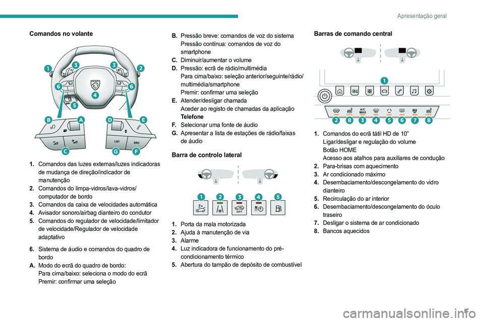 PEUGEOT 508 2023  Manual de utilização (in Portuguese) 5
Apresentação geral
Comandos no volante 
 
1.Comandos das luzes externas/luzes indicadoras 
de mudança de direção/indicador de 
manutenção
2. Comandos do limpa-vidros/lava-vidros/
computador d