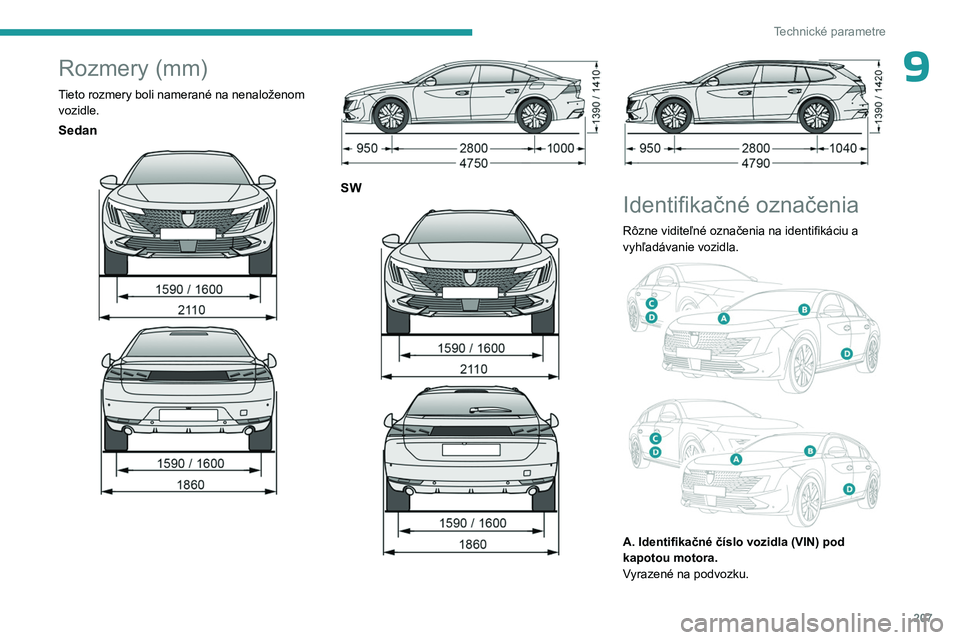 PEUGEOT 508 2023 Návod na použitie (in Slovakian) 207
Technické parametre
9Rozmery (mm)
Tieto rozmery boli namerané na nenaloženom vozidle.
Sedan
SW
Identifikačné označenia
Rôzne viditeľné označenia na identifikáciu a
vyhľa PEUGEOT 508 2023 Návod na použitie (in Slovakian) 207
Technické parametre
9Rozmery (mm)
Tieto rozmery boli namerané na nenaloženom vozidle.
Sedan
SW
Identifikačné označenia
Rôzne viditeľné označenia na identifikáciu a
vyhľa