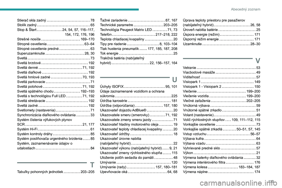 PEUGEOT 508 2023 Návod na použitie (in Slovakian) 233
Abecedný zoznam
Stierač skla zadný 78
Stolík zadný
65
Stop & Štart
24, 54, 57, 116–117, 154, 172, 176, 196
Strešné
nosiče
169–170
Stropné osvetlenia
PEUGEOT 508 2023 Návod na použitie (in Slovakian) 233
Abecedný zoznam
Stierač skla zadný 78
Stolík zadný
65
Stop & Štart
24, 54, 57, 116–117, 154, 172, 176, 196
Strešné
nosiče
169–170
Stropné osvetlenia