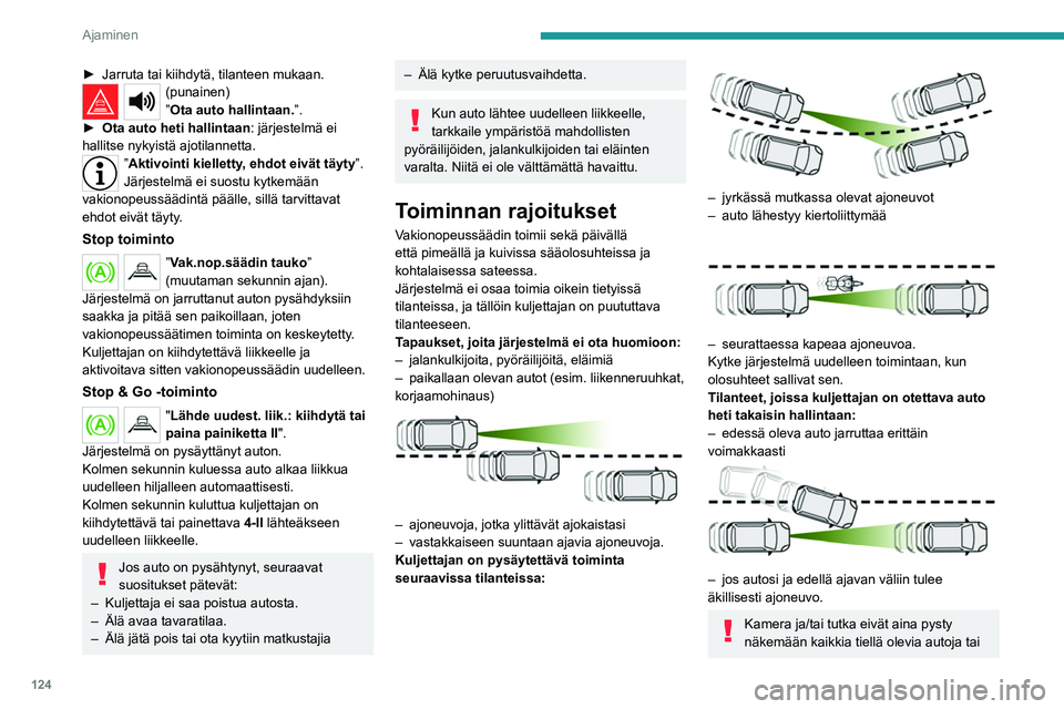 PEUGEOT 508 2023 Omistajan Käsikirja (in Finnish) 124
Ajaminen
► Jarruta tai kiihdytä, tilanteen mukaan.(punainen)
”Ota auto hallintaan.”.
► Ota auto heti hallintaan : järjestelmä ei
hallitse nykyistä ajotilannetta.
”Akti PEUGEOT 508 2023 Omistajan Käsikirja (in Finnish) 124
Ajaminen
► Jarruta tai kiihdytä, tilanteen mukaan.(punainen)
”Ota auto hallintaan.”.
► Ota auto heti hallintaan : järjestelmä ei
hallitse nykyistä ajotilannetta.
”Akti