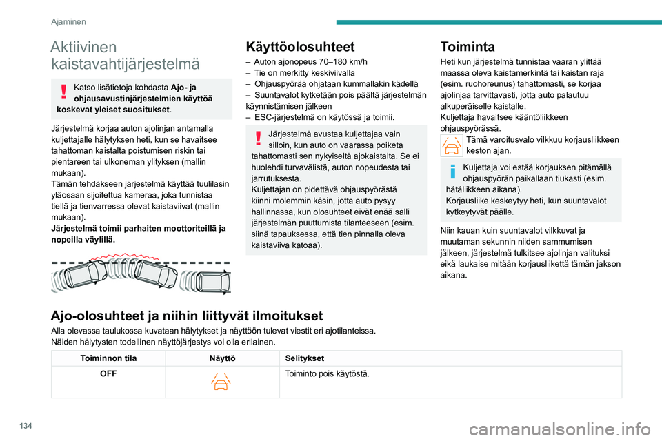 PEUGEOT 508 2023 Omistajan Käsikirja (in Finnish) 134
Ajaminen
Aktiivinen kaistavahtijärjestelmä
Katso lisätietoja kohdasta Ajo- ja
ohjausavustinjärjestelmien käyttöä
koskevat yleiset suositukset .
Järjestelmä korjaa auton ajolinjan antam PEUGEOT 508 2023 Omistajan Käsikirja (in Finnish) 134
Ajaminen
Aktiivinen kaistavahtijärjestelmä
Katso lisätietoja kohdasta Ajo- ja
ohjausavustinjärjestelmien käyttöä
koskevat yleiset suositukset .
Järjestelmä korjaa auton ajolinjan antam