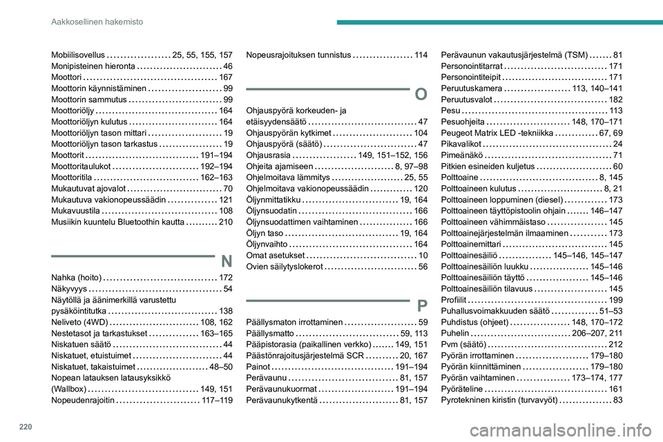 PEUGEOT 508 2023  Omistajan Käsikirja (in Finnish) 220
Aakkosellinen hakemisto
Mobiilisovellus     25, 55, 155, 157
Monipisteinen hieronta     
46
Moottori
    
167
Moottorin käynnistäminen
    
99
Moottorin sammutus
    
99
Moottoriöljy
    
164
M