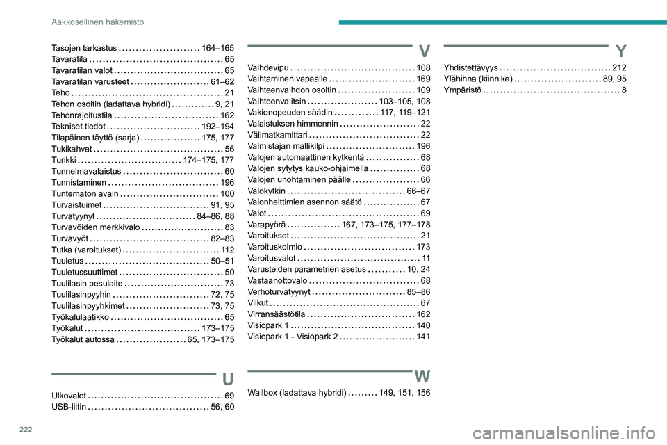 PEUGEOT 508 2023  Omistajan Käsikirja (in Finnish) 222
Aakkosellinen hakemisto
Tasojen tarkastus     164–165
Tavaratila     
65
Tavaratilan valot
    
65
Tavaratilan varusteet
    
61–62
Teho
    
21
Tehon osoitin (ladattava hybridi)
    
9, 21
Te
