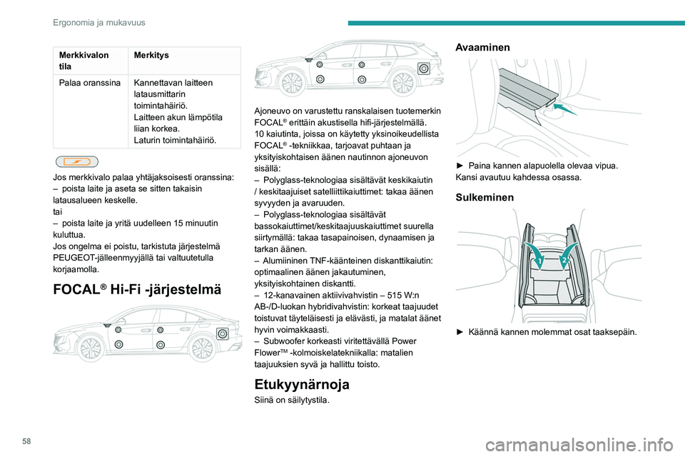 PEUGEOT 508 2023 Omistajan Käsikirja (in Finnish) 58
Ergonomia ja mukavuus
Merkkivalon
tilaMerkitys
Palaa oranssina Kannettavan laitteen latausmittarin
toimintahäiriö.
Laitteen akun lämpötila
liian korkea.
Laturin toimintahäiriö.
Jos me PEUGEOT 508 2023 Omistajan Käsikirja (in Finnish) 58
Ergonomia ja mukavuus
Merkkivalon
tilaMerkitys
Palaa oranssina Kannettavan laitteen latausmittarin
toimintahäiriö.
Laitteen akun lämpötila
liian korkea.
Laturin toimintahäiriö.
Jos me