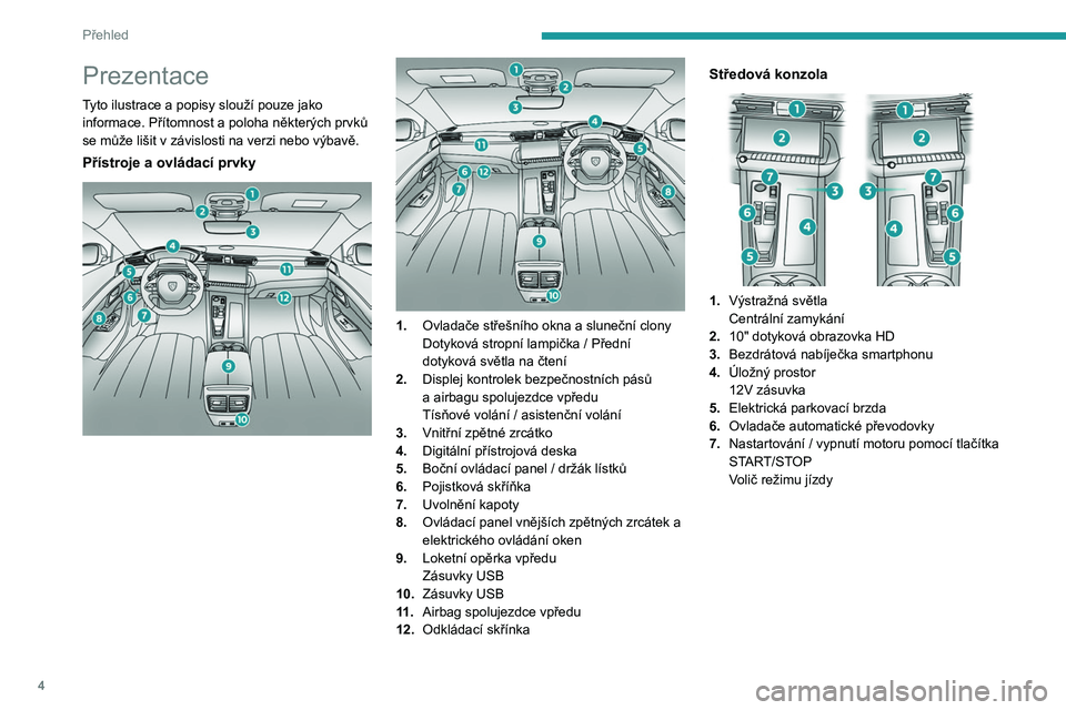 PEUGEOT 508 2023  Návod na použití (in Czech) 4
Přehled
Prezentace
Tyto ilustrace a popisy slouží pouze jako 
informace. Přítomnost a poloha některých prvků 
se může lišit v  závislosti na verzi nebo výbavě.
Přístroje a ovládací