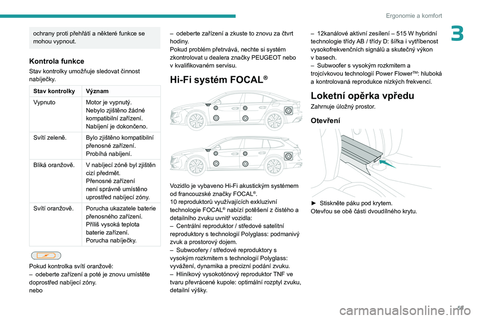 PEUGEOT 508 2023 Návod na použití (in Czech) 59
Ergonomie a komfort
3ochrany proti přehřátí a některé funkce se
mohou vypnout.
Kontrola funkce
Stav kontrolky umožňuje sledovat činnost
nabíječky.
Stav kontrolky Význam
VypnutoMotor j PEUGEOT 508 2023 Návod na použití (in Czech) 59
Ergonomie a komfort
3ochrany proti přehřátí a některé funkce se
mohou vypnout.
Kontrola funkce
Stav kontrolky umožňuje sledovat činnost
nabíječky.
Stav kontrolky Význam
VypnutoMotor j