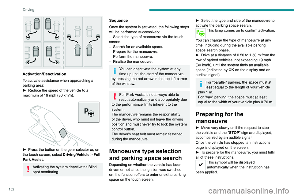PEUGEOT 508 2021 Owners Manual 152
Driving
Activation/Deactivation
To activate assistance when approaching a
parking area:
►
Reduce the speed of the vehicle to a
maximum of 19
mph (30 km/h).
► Press the button on PEUGEOT 508 2021 Owners Manual 152
Driving
Activation/Deactivation
To activate assistance when approaching a
parking area:
►
Reduce the speed of the vehicle to a
maximum of 19
mph (30 km/h).
► Press the button on