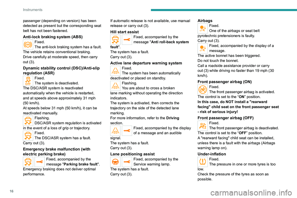 PEUGEOT 508 2021  Owners Manual 16
Instruments
passenger (depending on version) has been 
detected as present but the corresponding seat 
belt has not been fastened.
Anti-lock braking system (ABS)Fixed.
The anti-lock braking system 