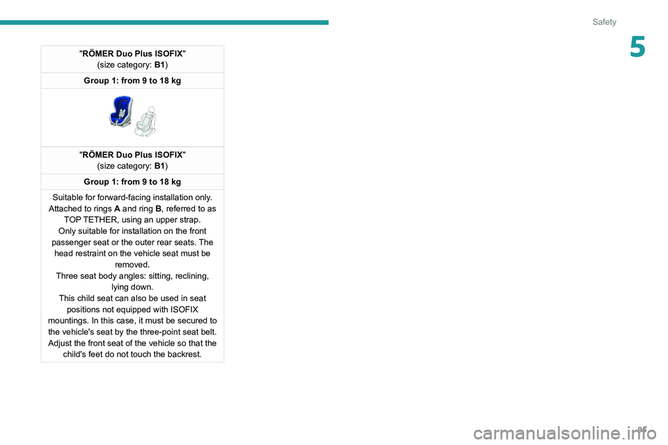 PEUGEOT 508 2021 Owners Manual 95
Safety
5"RÖMER Duo Plus ISOFIX"
(size category: B1)
Group 1: from 9 to 18 kg
"RÖMER Duo Plus ISOFIX "
(size category: B1)
Group 1: from 9 to 18 kg
Suitable for forward-facing PEUGEOT 508 2021 Owners Manual 95
Safety
5"RÖMER Duo Plus ISOFIX"
(size category: B1)
Group 1: from 9 to 18 kg
"RÖMER Duo Plus ISOFIX "
(size category: B1)
Group 1: from 9 to 18 kg
Suitable for forward-facing