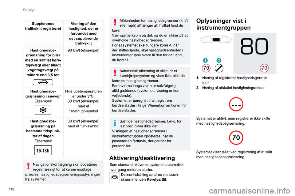 PEUGEOT 508 2021 Brugsanvisning (in Danish) 11 8
Kørelys
For en foreslået maksimal hastighed vises
hastigheden blinkende i 10 sekunder, første
gang bilen overskrider det med mere end 5 km/t
(f.eks.95 km/t).
Funktionsgrænser
Systemet ta PEUGEOT 508 2021 Brugsanvisning (in Danish) 11 8
Kørelys
For en foreslået maksimal hastighed vises
hastigheden blinkende i 10 sekunder, første
gang bilen overskrider det med mere end 5 km/t
(f.eks.95 km/t).
Funktionsgrænser
Systemet ta