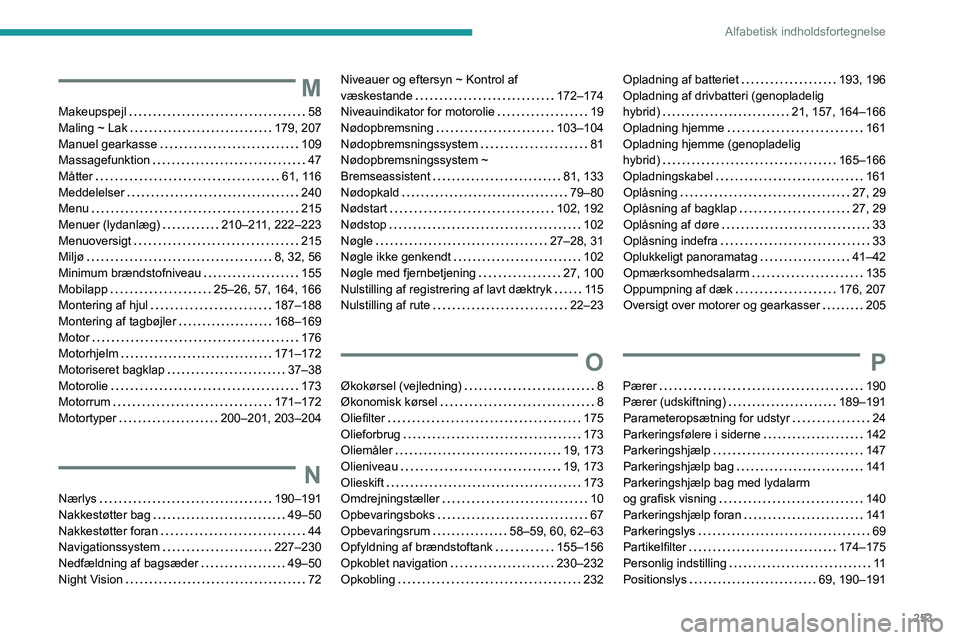 PEUGEOT 508 2021  Brugsanvisning (in Danish) 253
Alfabetisk indholdsfortegnelse
M
Makeupspejl     58
Maling ~ Lak     
179, 207
Manuel gearkasse
    
109
Massagefunktion
    
47
Måtter
    
61, 116
Meddelelser
    
240
Menu
    
215
Menuer (lyd