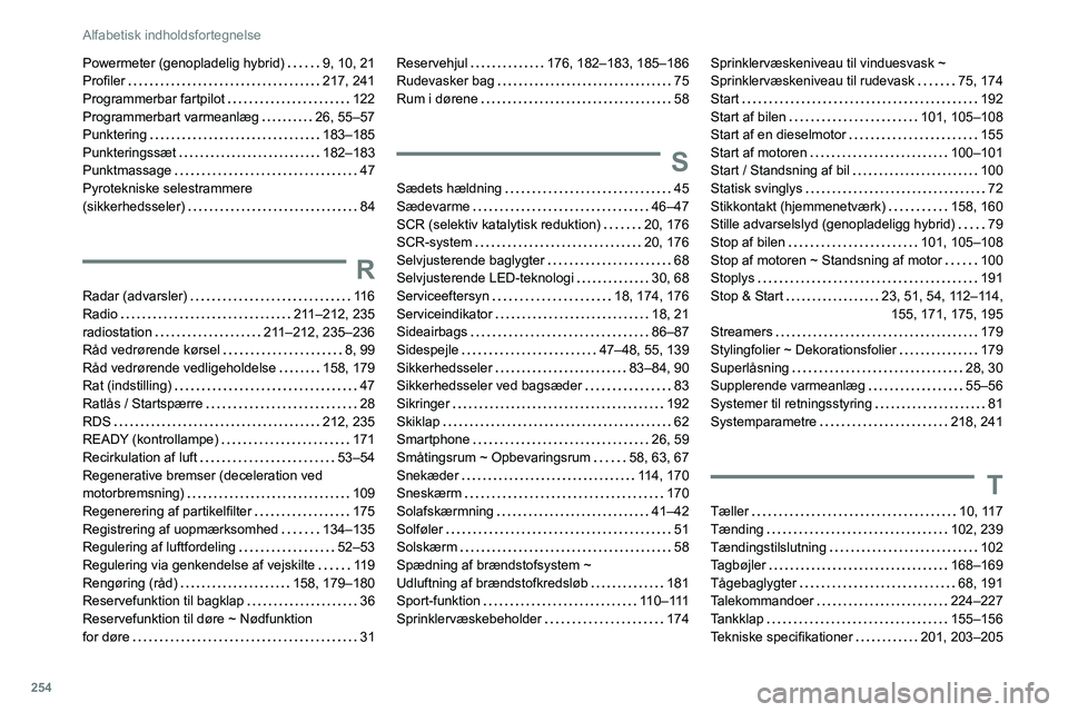 PEUGEOT 508 2021  Brugsanvisning (in Danish) 254
Alfabetisk indholdsfortegnelse
Powermeter (genopladelig hybrid)     9, 10, 21
Profiler     
217, 241
Programmerbar fartpilot
    
122
Programmerbart varmeanlæg
    
26, 55–57
Punktering
    
18