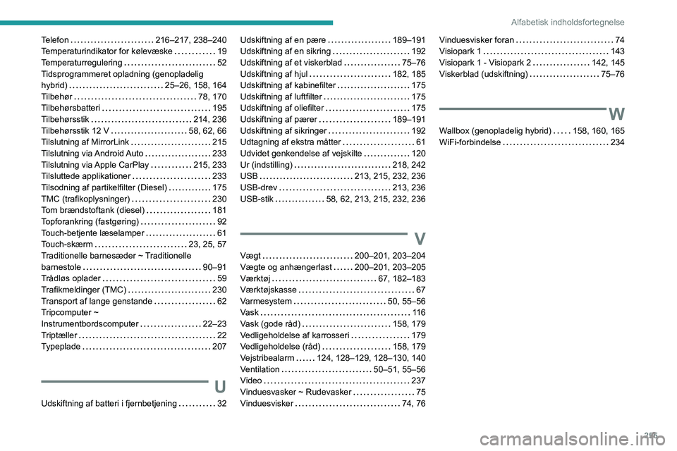 PEUGEOT 508 2021  Brugsanvisning (in Danish) 255
Alfabetisk indholdsfortegnelse
Telefon    216–217, 238–240
Temperaturindikator for kølevæske     
19
Temperaturregulering
    
52
Tidsprogrammeret opladning (genopladelig 
hybrid)
    
25–