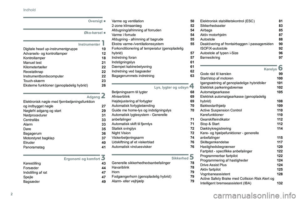 PEUGEOT 508 2021  Brugsanvisning (in Danish) 2
Indhold
  ■
Oversigt
  ■
Øko-kørsel
 1InstrumenterDigitale head up-instrumentgruppe  10
Advarsels- og kontrollamper  12
Kontrollamper  18
Manuel test  21
Kilometertæller  22
Reostatknap  