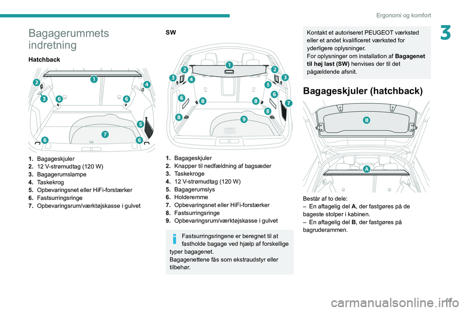 PEUGEOT 508 2021  Brugsanvisning (in Danish) 63
Ergonomi og komfort
3Bagagerummets 
indretning
Hatchback 
 
1.Bagageskjuler
2. 12
  V-strømudtag (120 W)
3. Bagagerumslampe
4. Taskekrog
5. Opbevaringsnet eller HiFi-forstærker
6. Fastsurringsrin