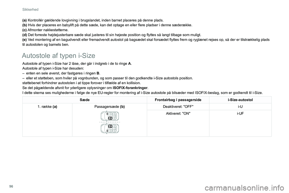 PEUGEOT 508 2021  Brugsanvisning (in Danish) 96
Sikkerhed
(a) Kontrollér gældende lovgivning i brugslandet, inden barnet placer\
es på denne plads.
(b) Hvis der placeres en babylift på dette sæde, kan det optage en eller flere pladser i den