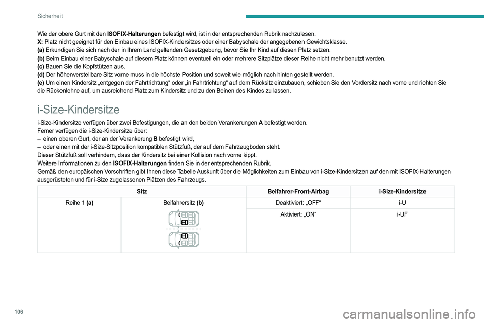 PEUGEOT 508 2021  Betriebsanleitungen (in German) 106
Sicherheit
Wie der obere Gurt mit den ISOFIX-Halterungen befestigt wird, ist in der entsprechenden Rubrik nachzulesen.
X: Platz nicht geeignet für den Einbau eines ISOFIX-Kindersitzes oder e\
ine