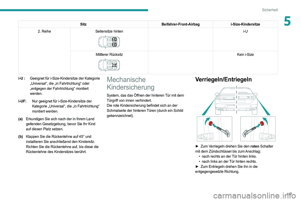 PEUGEOT 508 2021  Betriebsanleitungen (in German) 107
Sicherheit
5SitzBeifahrer-Front-Airbagi-Size-Kindersitze
2. Reihe Seitensitze hinten
 
 
i-U
Mittlerer Rücksitz
 
 
Kein i-Size
i-U
 
: Geeignet für i-Size-Kindersitze der Kategorie 
„Universa