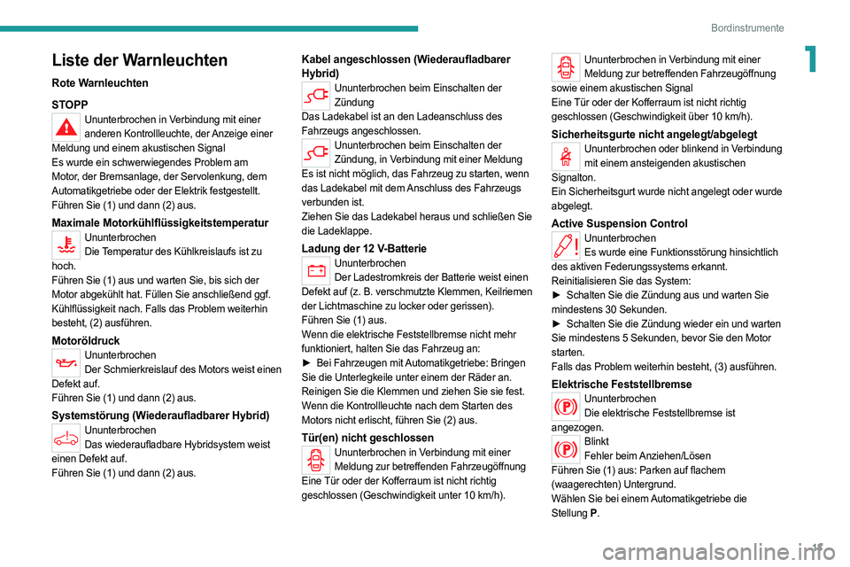 PEUGEOT 508 2021 Betriebsanleitungen (in German) 13
Bordinstrumente
1Liste der Warnleuchten
Rote Warnleuchten
STOPP
Ununterbrochen in Verbindung mit einer anderen Kontrollleuchte, der Anzeige einer
Meldung und einem akustischen Signal
Es wurde ein PEUGEOT 508 2021 Betriebsanleitungen (in German) 13
Bordinstrumente
1Liste der Warnleuchten
Rote Warnleuchten
STOPP
Ununterbrochen in Verbindung mit einer anderen Kontrollleuchte, der Anzeige einer
Meldung und einem akustischen Signal
Es wurde ein