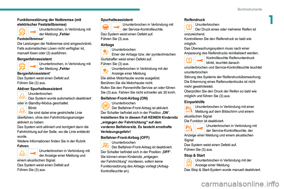 PEUGEOT 508 2021 Betriebsanleitungen (in German) 17
Bordinstrumente
1Funktionsstörung der Notbremse (mit
elektrischer Feststellbremse)
Ununterbrochen, in Verbindung mit der Meldung „Fehler
Feststellbremse“
Die Leistungen der Notbremse sind ei PEUGEOT 508 2021 Betriebsanleitungen (in German) 17
Bordinstrumente
1Funktionsstörung der Notbremse (mit
elektrischer Feststellbremse)
Ununterbrochen, in Verbindung mit der Meldung „Fehler
Feststellbremse“
Die Leistungen der Notbremse sind ei
