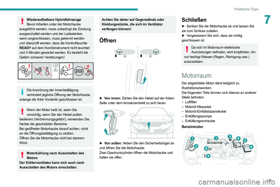 PEUGEOT 508 2021 Betriebsanleitungen (in German) 187
Praktische Tipps
7Wiederaufladbare HybridfahrzeugeBevor Arbeiten unter der Motorhaube
ausgeführt werden, muss unbedingt die Zündung
ausgeschaltet werden und der Ladestecker,
wenn angeschloss PEUGEOT 508 2021 Betriebsanleitungen (in German) 187
Praktische Tipps
7Wiederaufladbare HybridfahrzeugeBevor Arbeiten unter der Motorhaube
ausgeführt werden, muss unbedingt die Zündung
ausgeschaltet werden und der Ladestecker,
wenn angeschloss