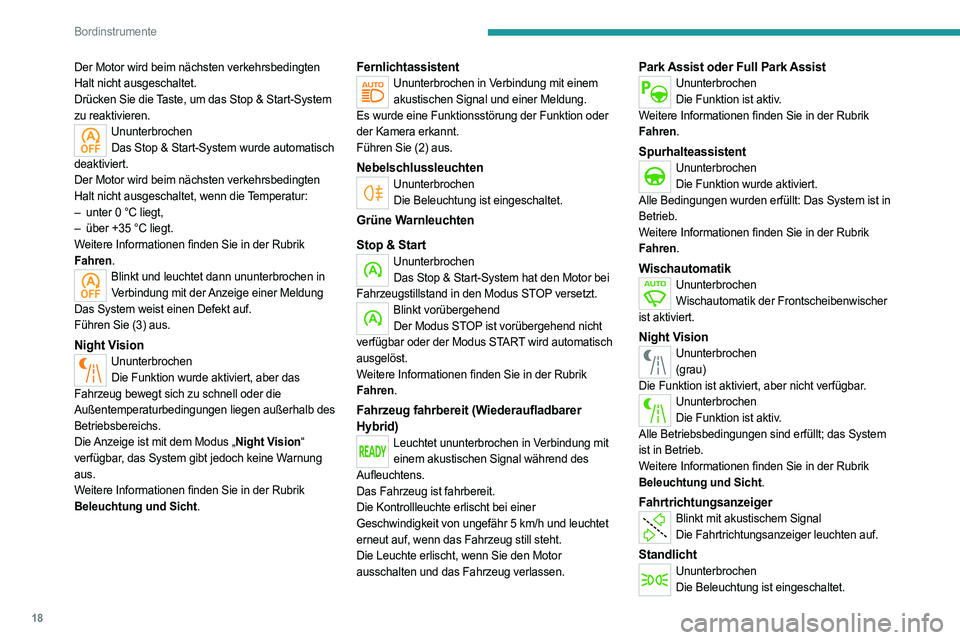 PEUGEOT 508 2021 Betriebsanleitungen (in German) 18
Bordinstrumente
Der Motor wird beim nächsten verkehrsbedingten
Halt nicht ausgeschaltet.
Drücken Sie die Taste, um das Stop & Start-System
zu reaktivieren.
UnunterbrochenDas Stop & Start-System PEUGEOT 508 2021 Betriebsanleitungen (in German) 18
Bordinstrumente
Der Motor wird beim nächsten verkehrsbedingten
Halt nicht ausgeschaltet.
Drücken Sie die Taste, um das Stop & Start-System
zu reaktivieren.
UnunterbrochenDas Stop & Start-System