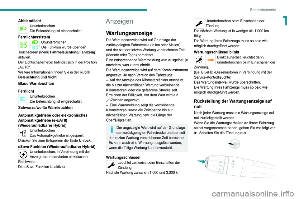 PEUGEOT 508 2021  Betriebsanleitungen (in German) 19
Bordinstrumente
1AbblendlichtUnunterbrochenDie Beleuchtung ist eingeschaltet.
FernlichtassistentUnunterbrochenDie Funktion wurde über den 
Touchscreen (Menü Fahrbeleuchtung/ Fahrzeug) 
aktiviert.