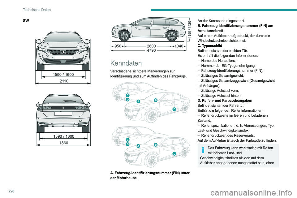 PEUGEOT 508 2021 Betriebsanleitungen (in German) 226
Technische Daten
SW
Kenndaten
Verschiedene sichtbare Markierungen zur
Identifizierung und zum Auffinden des Fahrzeugs.
A. Fahrzeug-Identifizierungsnummer (FIN) unter
der Motorhaube
A PEUGEOT 508 2021 Betriebsanleitungen (in German) 226
Technische Daten
SW
Kenndaten
Verschiedene sichtbare Markierungen zur
Identifizierung und zum Auffinden des Fahrzeugs.
A. Fahrzeug-Identifizierungsnummer (FIN) unter
der Motorhaube
A