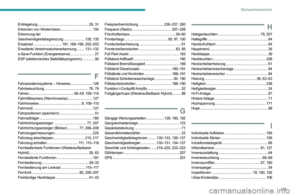 PEUGEOT 508 2021 Betriebsanleitungen (in German) 273
Stichwortverzeichnis
Entriegelung 29, 31
Erkennen von Hindernissen
154
Erkennung der
Geschwindigkeitsbegrenzung
128, 130
Ersatzrad
191, 198–199, 202–203
Erweiterte Verkehr PEUGEOT 508 2021 Betriebsanleitungen (in German) 273
Stichwortverzeichnis
Entriegelung 29, 31
Erkennen von Hindernissen
154
Erkennung der
Geschwindigkeitsbegrenzung
128, 130
Ersatzrad
191, 198–199, 202–203
Erweiterte Verkehr